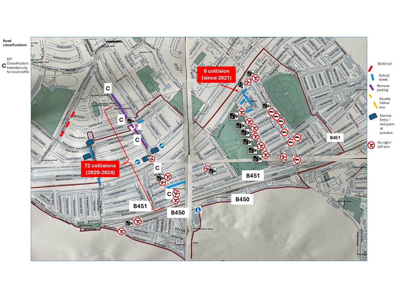 Corrected map of Queen's Park Ward showing current and proposed road restrictions, road classifications, 72 collisions on Chamberlayne Road from 2020 to 2024, and no collisions on the proposed Chevening Road School Street section since 2021.